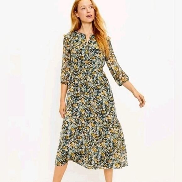 LOFT Dresses & Skirts - LOFT Floral Midi Shirt Dress Sz XS 0-2 Ruffle Blue Yellow